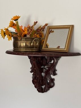 Ornate Rococo Style Carved Dark Wood Wall Sconce Shelf w Picture Ledge